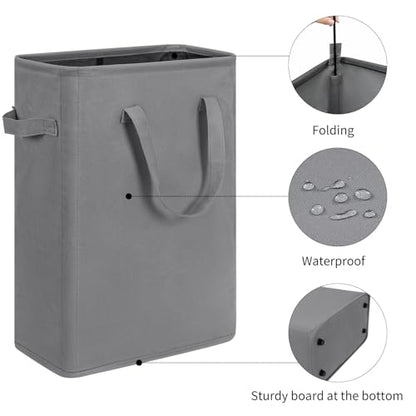 Narrow Laundry Hamper, Skinny Laundry Basket, 45L, Grey, 24" | Slim Laundry hamper for Small Spaces laundry bag with handle, Foldable clothes hampers for laundry basket organizer - color: Gray (With Handles)