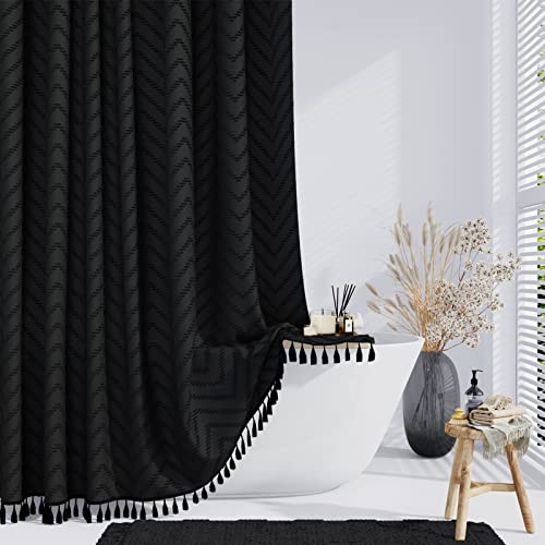 Dynamene Stall Boho Farmhouse Shower Curtain Tufted Chevron 54"x78" Black | 54 x 78 inch Long, Elegant Tassel, Lightweight Textured Fabric, Water Repellent, Washable, for Narrow Bathroom/Dorm 10 Hooks - color: Black, size: 54"W x 78"L (Pack of 1)