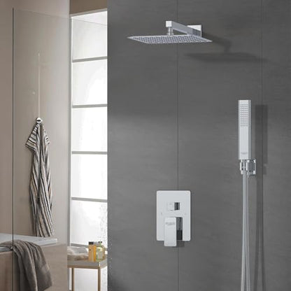 Iriber 12 Inch Bathroom Shower System Polish Chrome Wall Mounted Square Mixer Shower Faucet Combo Set with Hand Held Rough-in Valve Rainfall Shower and Trim - color: Chrome 05