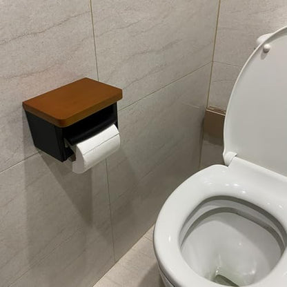 Black and Wood Toilet Paper Holder with Shelf, Natural Wood Wall Mounted Toilet Paper Holder, Rustic Dark Toilet Paper Holder - color: Wood Brown&black, size: Single