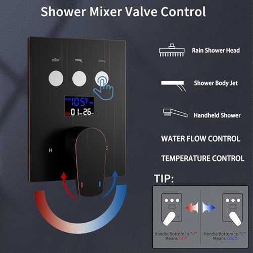 Temperature Display Rain Mixer Shower Faucet Set with 6 pcs Body Jets 12 inch Square Rainfall Shower Head with Handheld Spray Wall Mounted Rough-in Valve and Trim Included, Oil Rubbed Bronze - color: Oil Rubbed Bronze
