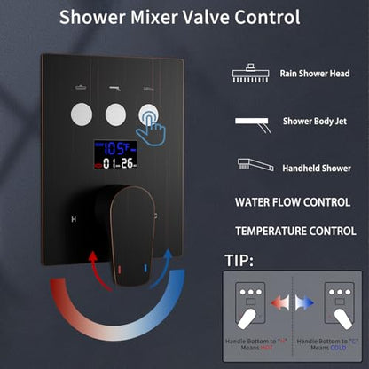 Temperature Display Rain Mixer Shower Faucet Set with 6 pcs Body Jets 12 inch Square Rainfall Shower Head with Handheld Spray Wall Mounted Rough-in Valve and Trim Included, Oil Rubbed Bronze - color: Oil Rubbed Bronze