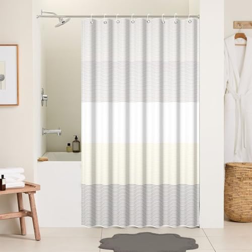 Boho Beige Brown Striped Stall RV Shower Curtain 48" Wx72 L | White Gray Bohemian Geometric, Polyester Waterproof, Machine Washable, Bathroom Small Curtain, Easy to Install with 8 Hooks - color: Beige, size: 48"W x 72"L (Pack of 1)