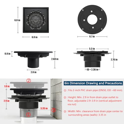6 Inch Shower Drain, Square Shower Floor Drain Kit with Flange and Removable Cover Grate, AISI 304 Stainless Steel, Matte Black - color: Matte Black, size: 6 inches