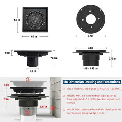 6 Inch Shower Drain, Square Shower Floor Drain Kit with Flange and Removable Cover Grate, AISI 304 Stainless Steel, Matte Black - color: Matte Black, size: 6 inches
