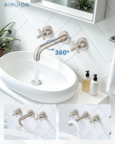 Airuida Solid Brass Brushed Nickel Wall Mount Bathroom Faucet | 360° Swivel Spout,Rough in Valve,2 Cross Handle,3 Hole,Widespread - color: Brushed Nickel