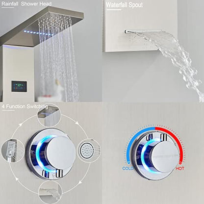 Brushed Multi Rain Shower Panel Tower - Wall-Mount Complete Shower Column with Body Jets & Shower Shelf for Luxurious Spa Experience