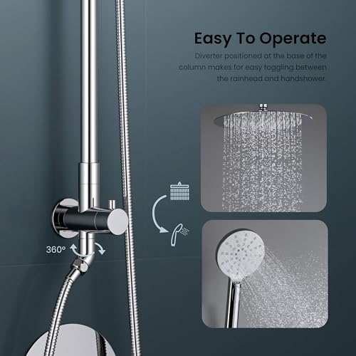 KIBI Circular Wall Mounted Rain Shower Column | 2-Function Shower Faucet System with Rough-In Valve | Solid Brass Construction for Reliable Water Flow and Temperature Control (Chrome Finish, KSC403) - color: Chrome