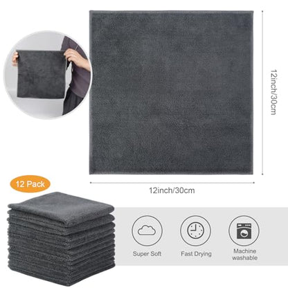 Microfiber Cleaning Cloth Kitchen Dish Cloths 12x12in 12 Pack Grey | Super Absorbent, Quick Dry, No Streak, Dish Rags, Glass Cloths - color: Grey