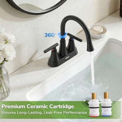 Centerset Bathroom Faucet with Pull Out Sprayer, 4 Inch 2 Handle Sink Faucet with Pop Up Drain, Stainless Steel Vanity Faucet with 2 Supply Hoses, Matte Black - color: Matte Black, size: 4 IN