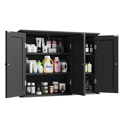 ChooChoo Laundry Cabinet with 3 Doors and Adjustable Shelves | 9.06"D x 31.1"W x 24"H, Bathroom Wall Cabinet, Cupboard, Black - color: Black, size: 9.06"D x 31.1"W x 23.4"H