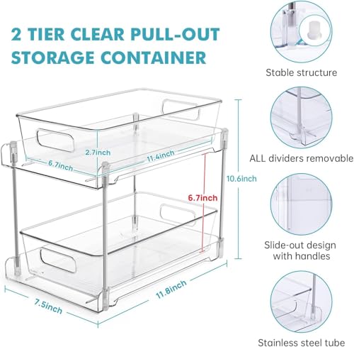 4 Pack Clear Bathroom Organizers and Storage, 2 Tier Pull Out Under Sink Cabinet Organizer Plastic Drawer Organization and Storage for Bathroom and Kitchen - size: 4 PACK