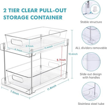 4 Pack Clear Bathroom Organizers and Storage, 2 Tier Pull Out Under Sink Cabinet Organizer Plastic Drawer Organization and Storage for Bathroom and Kitchen - size: 4 PACK