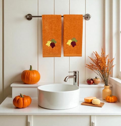 Serafina Home Fall Hand Towels: Farmhouse Terracotta Rust with Autumn Leaves of Burgundy Green and Yellow Design, 100% Cotton, 2 Piece Set, 16" x 25" - color: Leaves