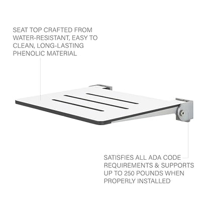Seachrome 18 inch Silhouette Slimline Folding Wall Mount Shower Bench Seat, White Seat with White Frame - color: White Seat With White Frame