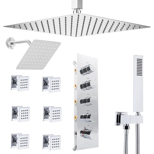 Thermostatic Shower System Dual Shower Heads with 16" Ceiling Mounted Rain Shower Head & 6" Wall Mounted Head 4 Function Full Body Shower System with body jets Can All Run Together, Chrome - color: Polished Chrome, style: 16 inch +6 jets