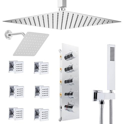 Thermostatic Shower System Dual Shower Heads with 16" Ceiling Mounted Rain Shower Head & 6" Wall Mounted Head 4 Function Full Body Shower System with body jets Can All Run Together, Chrome - color: Polished Chrome, style: 16 inch +6 jets