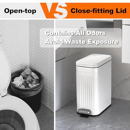 TrashAid 2.6 Gallons Small Bathroom Trash Can with Soft Close Lid, White | Removable Inner Bucket, Odor Control, Fingerprint-Resistant, Slim Stainless Steel Garbage Can for Bedroom/Office/Laundry