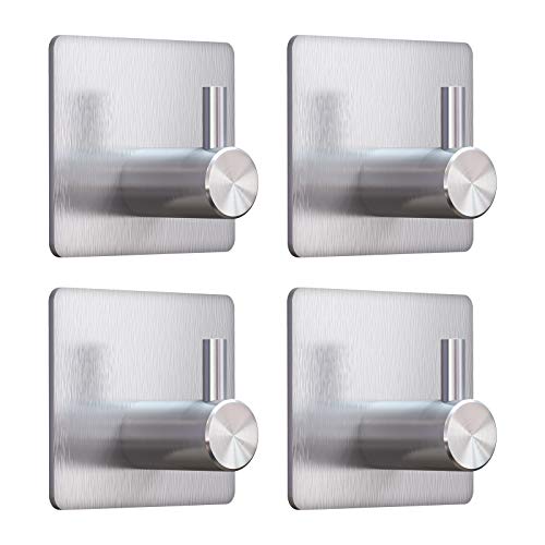 VIS'V Adhesive Towel Hooks, Shower Wall Stick on Hooks, Silver, 4 Pcs | Metal Material, Compact Design, Peel and Stick, 2 Extra Adhesive Strips, for Bathroom Kitchen Livingroom Office RV - color: Silver