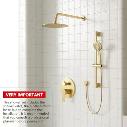 Gabrylly Shower System, Slide Bar Shower Faucet Set, 10", Brushed Gold | Rainfall Shower Head with 5-Setting Handheld Spray, Wall Mounted Shower Set Included 2-Way Shower Valve and Trim Kit - color: Brushed Gold, size: 10 Inch