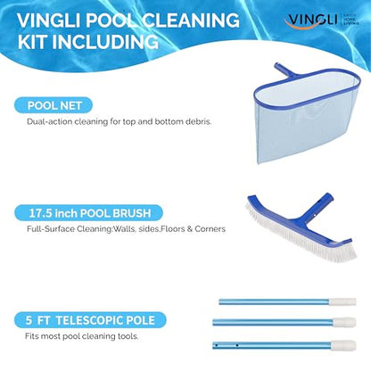 VINGLI 3-in-1 Pool Cleaning Kit for Inground&Above Ground Swimming Pools | Pool Maintenance Tools, Pools Maintenance Equipment with Pool Net, Pool Brush and 5 FT Telescopic Pole - size: Style 4 : 3 in 1