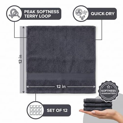 Sofea 100% Cotton Washcloths Set of 12, (12 x 12 Inch) 520 GSM Wash Cloths, Extra Soft Absorbent Quick Dry Face Towels - color: Dark Grey
