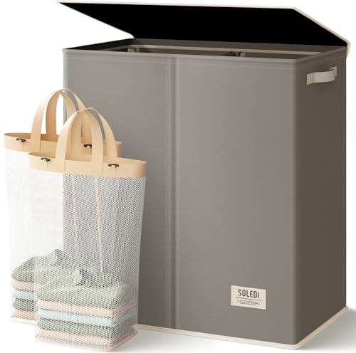 SOLEDI Large Double Laundry Hamper with Lid, Collapsible Clothes Hamper 2 section with Removable Bags, Space-Saving Laundry Basket for Bedroom, Dorm, College - color: Concrete Gray, size: 145l