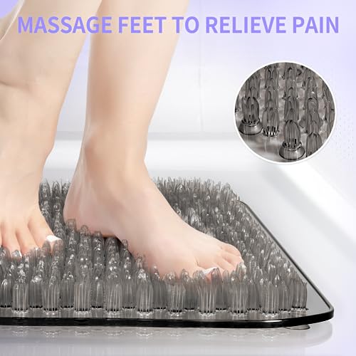 Yolife Shower Foot Scrubber Mat, Anti-Slip Bath Mat with Scrub Bristles, Soft Shower Foot Massager with Strong Suction Cups for Soothe Achy Feet,27.5'' x 15.7'' - color: Grey, size: 27.5" x 15.7" (Rectangular)