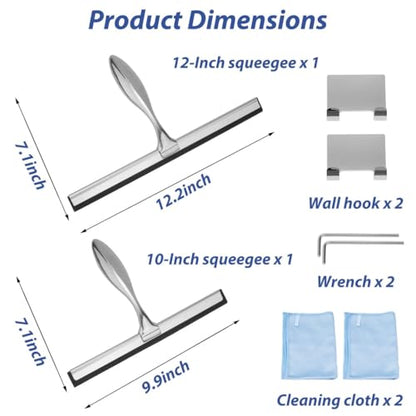 2-Pack Stainless Steel Shower & Window Squeegees with Microfiber Cloths and Wall Hook Holders, 10” & 12” Glass Cleaner for Bathrooms and Windows