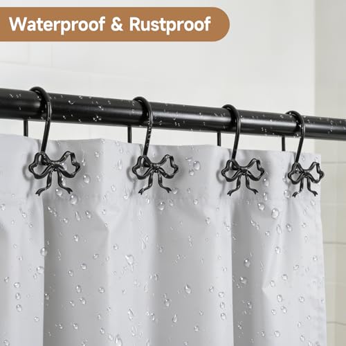 12 Pack Elegant Bow Shower Curtain Hooks, Black Metal Rustproof Decorative Shower Curtain Hooks, Shower Curtain Hangers for Bathroom Art Decor