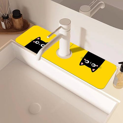 Cute Black Cat Head Kitchen Sink Splash Guard Mat Absorbent Fast Drying Mat Faucet Draining Mat Sink Splash Guard Behind Faucet Drip Catcher for Kitchen Bathroom 5.5"×15" - size: 5.5" x 5.5"