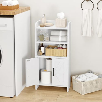 Small Bathroom Storage Cabinet, Farmhouse Freestanding Toilet Paper Storage with 2 Doors and Shelves, Slim Bathroom Storage Cabinet for Small Spaces, White, 7.9" D x 14.2" W x 29.5" H