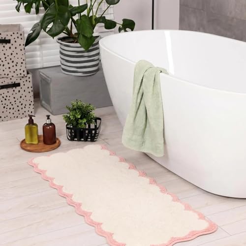 Pink Bathroom Rug Runner Long Cute Scalloped Bath Mat | Non Slip Washable Quick Dry Absorbent Chic Girls Microfiber Bathmat for College Dorm,17*47 Inch - color: Pink&white, size: 17*47"