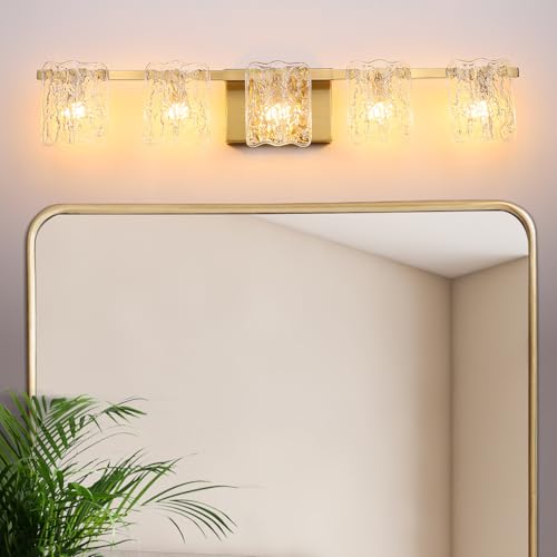 5-Light Bathroom Vanity Lights, 31" Brushed Gold Bathroom Light Fixtures Over Mirror with Clear Glass, Modern Bath Wall Sconce Lighting for Bath Restroom, OS-MM5002-5BG - color: Gold, size: 5 - Light