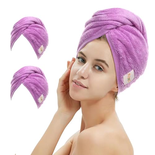 M-bestl 2 Pack Microfiber Hair Towel Wrap,Hair Drying Towel with Button,Absorbent Head Towel to Dry Hair Quickly (Purple) - color: Purple
