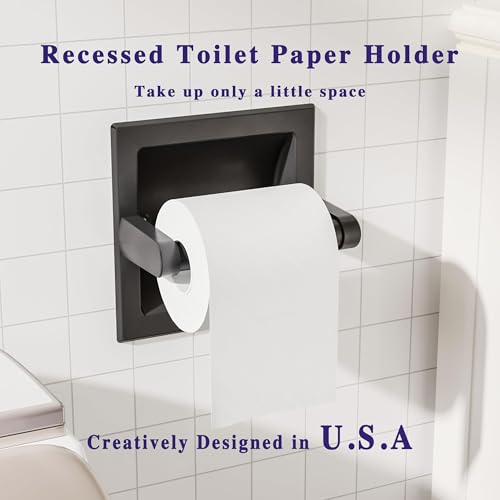 Recessed Toilet Paper Holder Wall Mount Matte Black Stainless Steel | Post Pivoting Design Easy to Change Roll, in Wall Toilet Paper Holder for Mega Roll for Bathroom Contemporary Hotel Style - color: Black