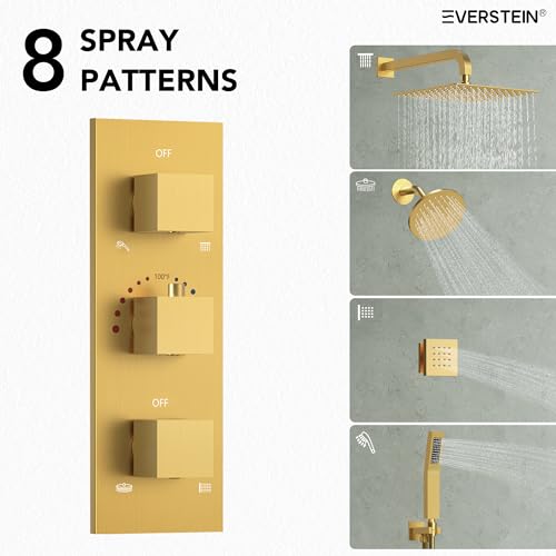 Wall Mount 12" High-Pressure Rainfall Shower Faucet, Dual Rainfall Shower Head System with 6 Body Jets (Brushed Gold) | Wall Mount, High-Pressure, Dual Rainfall Shower Head System, 6 Body Jets - color: Brushed Gold