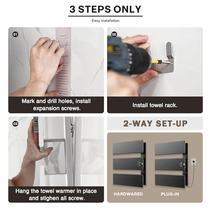 K&KALONZO Electric Towel Warmer Wall Mounted, Fast Heat in 2 Min, NTC Safety | 5 Timers & 3 Heat Levels Control, 2H Rapid Dry, Plug-In/Hardwired, Anti-Scald, Aluminum Heated Towel Rack for Bathroom, K3RB - color: Black, size: 3-Bar