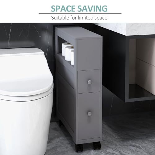 HOMCOM 6.25" x 20.5" x 28.25" Wood Rolling Narrow Bathroom Side Storage Cabinet - Gray - color: Grey