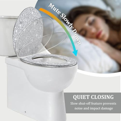 Bathroom Elongated Resin Toilet Seat, Silver Glitter Seamless Texture, Quiet Close, Quick Release Hinges, Decorative, Easy to Install & Clean, with Cover Bumpers (Oblong)