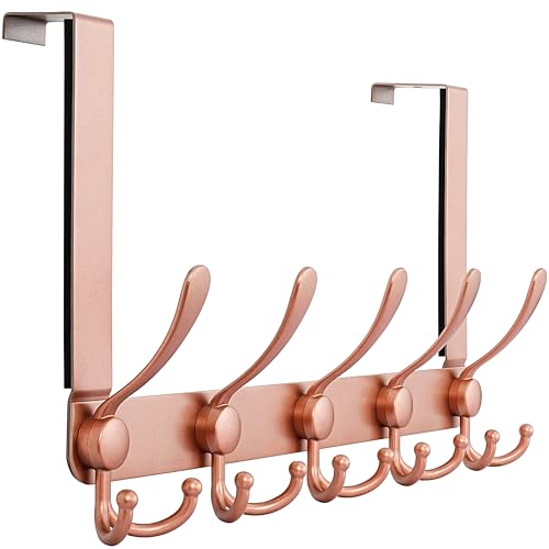 Dseap Over The Door Hook Hanger - Fits 1 3/8" to 1 3/4" Standard Doors | 5 Tri Hooks Heavy Duty Towel/Coat Rack | Door Organizer for Clothes, Jackets, Hats, Towels, Rose Gold - color: Rose Gold