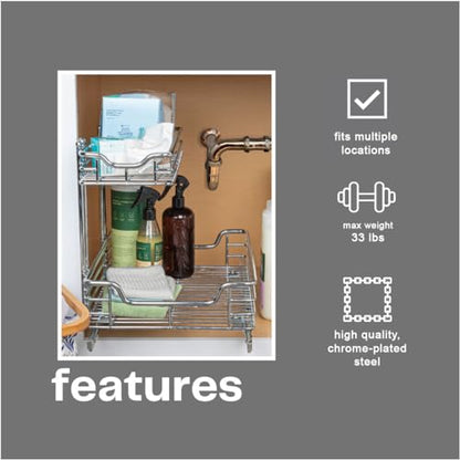 Household Essentials Glidez 2‑Tier Multipurpose Chrome‑Plated Steel Pull‑Out/Slide‑Out Under Sink Organizer, Chrome Finish - size: 12.25" - Standard, style: Undersink