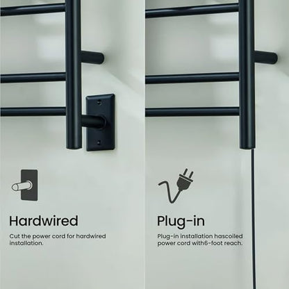 Kibi 24 Inch Wall-Mounted Electric Towel Warmer Rack– 8-Bar 304 Stainless Steel, ETL-Certified, Hardwired or Plug-in, Fast-Heat Up to 122 Degrees F – Heated Towel Rack for Bathroom (Matte Black) - color: Matte Black