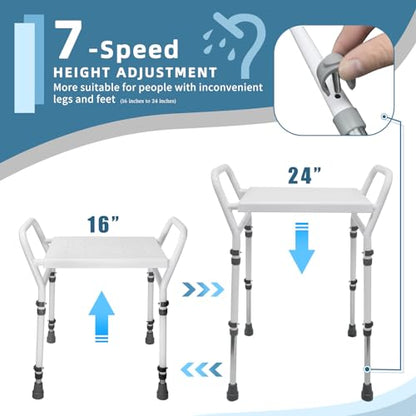 Shower Chair Seat with Arm for Inside Shower - Adjustable Up to 24 Inches Shower Stool with Suction Feet for Seniors, Elderly, Handicap & Disabled-Adjustable Support Shower Bench | Height adjusts from 16 to 24 inches, with dual armrests, suction feet and