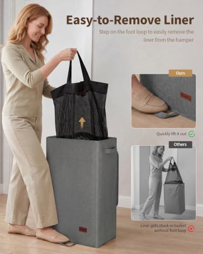 85L Laundry Hamper with Lid, Tall Dirty Clothes Hamper, Grey | Foot Loop & Removable Bag Easy to Lift and Carry, Tall & Collapsible Laundry Basket for Bathroom, Bedroom, Laundry Room, Dorm - color: Grey