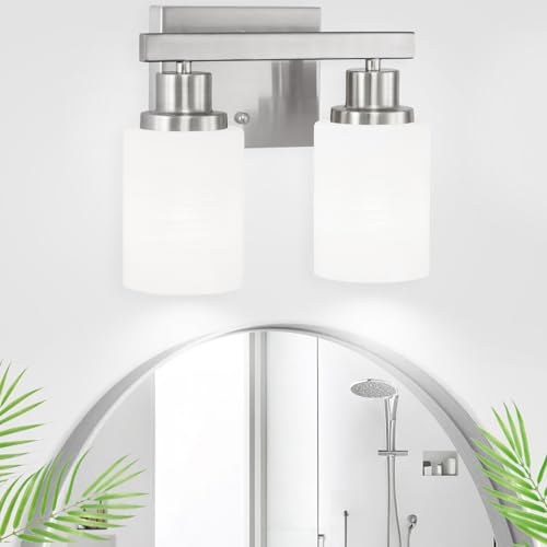 Bathroom Light Fixtures Over Mirror, 2-Light Modern Nickel Vanity Lights with White Glass Shade, Bathroom Wall Lamp Sconces for Mirror Bedroom, Living Room Hallway Small Space - color: Nickel, size: 2-Light
