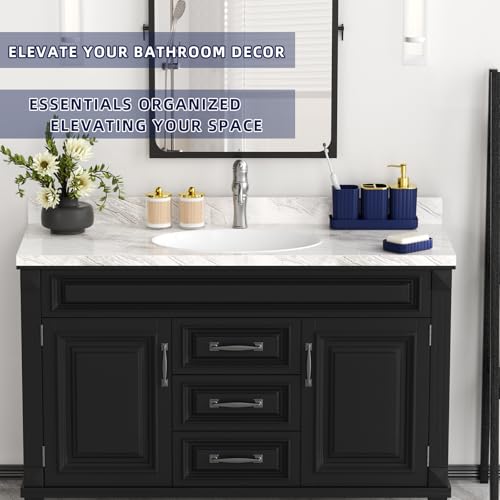 XLHOMO Bathroom Accessory Set - Gorgeous Bathroom Set, 7PC Blue Bathroom Set, Soap Dispenser, Toothbrush Holder, Qtip Holder Set, Bathroom Sets Complete, Bathroom Sink Set for Home Decor - style: Navy Blue&Gold