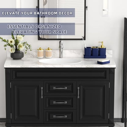 XLHOMO Bathroom Accessory Set - Gorgeous Bathroom Set, 7PC Blue Bathroom Set, Soap Dispenser, Toothbrush Holder, Qtip Holder Set, Bathroom Sets Complete, Bathroom Sink Set for Home Decor - style: Navy Blue&Gold