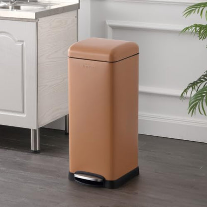 happimess Betty 8 Gal Step Trash Can Soft-Close Lid, Clay Rose | Removable Liner, Semi-Rectangular, Steel Pedal, Iron Powder Coated, 27" Height, Non-Skid Base - color: Clay Rose