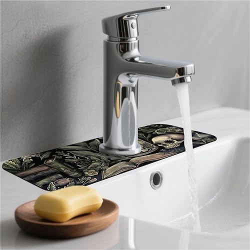 Kitchen Sink Splash Guard，Books and skulls Faucet Mat Sink Gadgets-Super Absorbent Fast Drying Mat Drip Catcher for Kitchen, Bathroom,Sink Mat, Dish Drying Mat, Bathroom(15" X 5.5" ) - color: Books and skulls